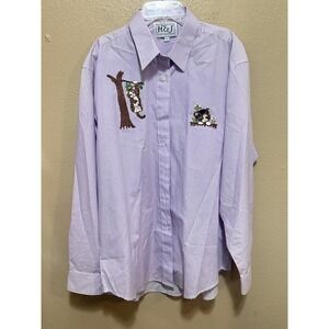 H&J Womens Gingham‎ Button Down Shirt with Kitten Embroidery - Lavender
